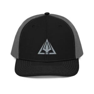 A black and grey hat with an arrow on it.